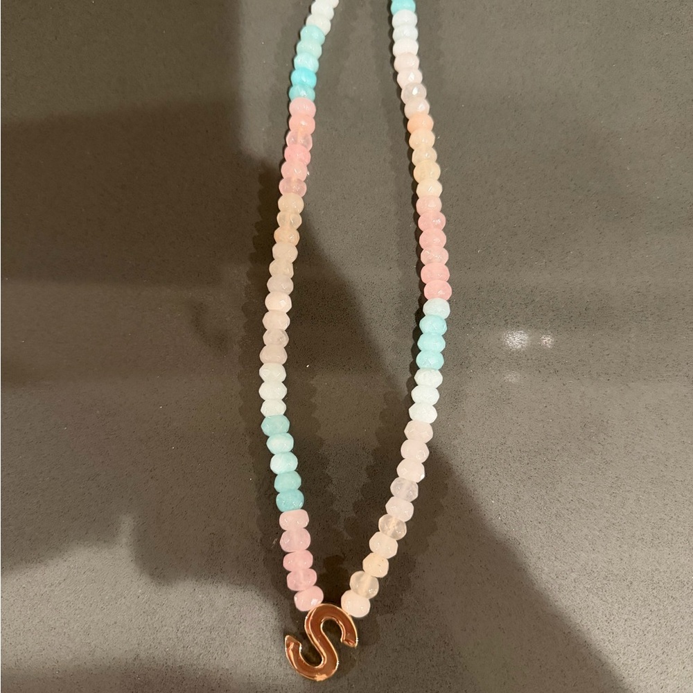 BaubleBar Initial S Multicolor Beaded Necklace with Gold Initial Pendant